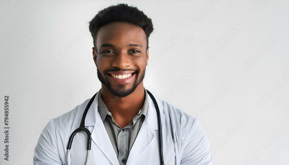Smiling African American doctor on a white minimalist background Smiling African American doctor on a white minimalist background