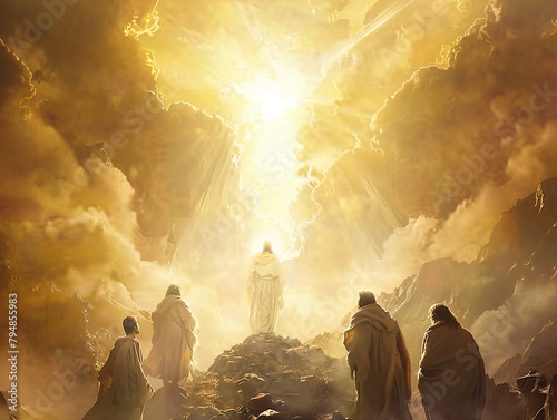 Religious scene showing Peter, James, and John witnessing Jesus' radiant transfiguration on a mountain. photo
