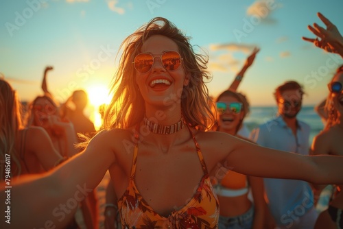 A vibrant scene capturing a lively beach party at sunset, with energetic people dancing and enjoying the moment