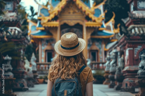 A thought-provoking image of a backpacker observing the elaborate details of a richly decorated temple