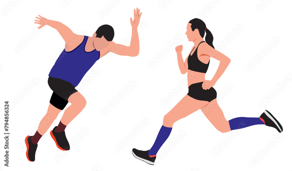 Woman and man running on the road. Modern sports illustration on blue background. Easy to use and edit.