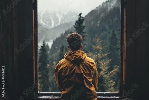 A young man in a contemplative pose stares out a rainy window at a picturesque mountain landscape, conveying a sense of introspection and adventure photo