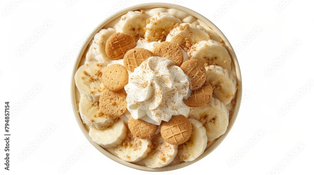 Artistic top view photo of chilled Banana Pudding, creamy with vanilla wafers, banana slices, and a whipped cream topping, isolated on a white background