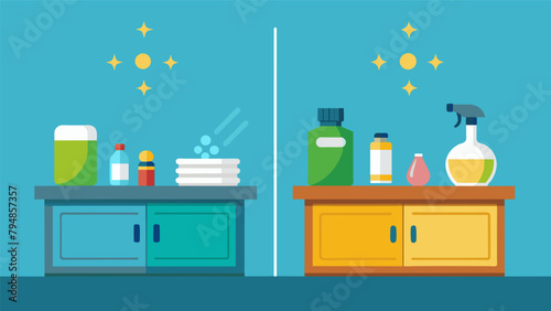 A before and after illustration of a dirty kitchen counter with the first image showing chemical cleaners and the second image showing a