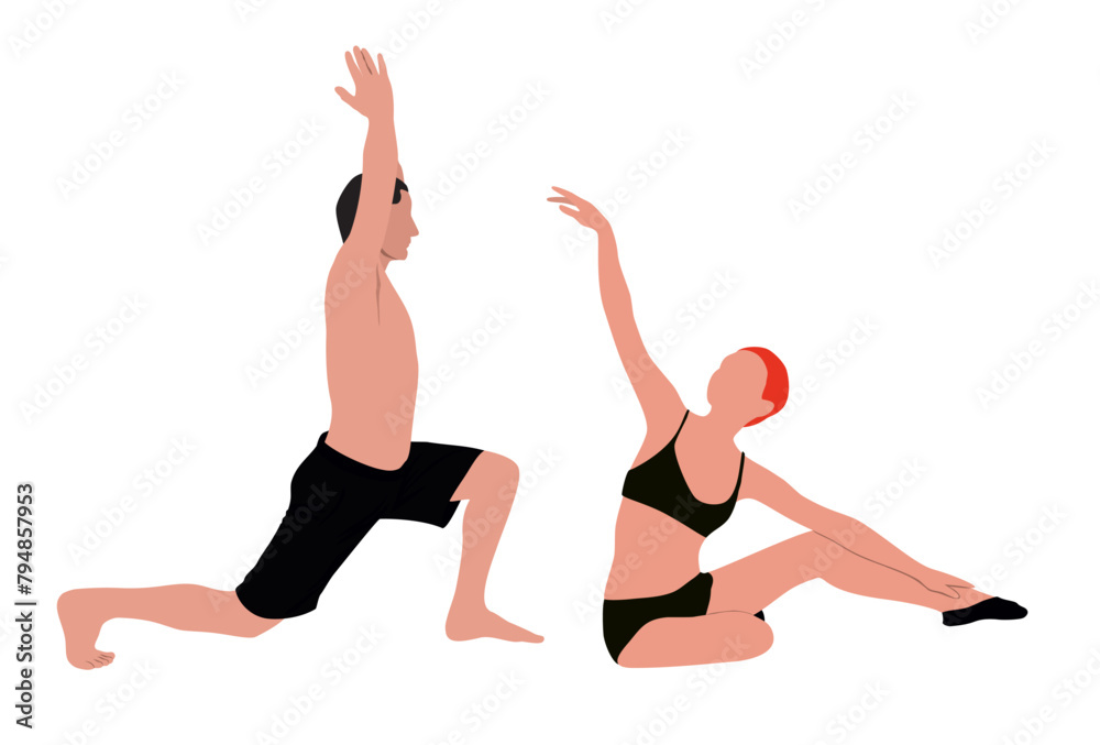 Men and women practicing Asana isolated on white background. Spiritual practice and physical activity. Flat cartoon colored vector illustration