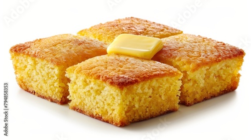 Artistic presentation of moist, slightly sweet cornbread, topped with a pat of butter melting beautifully, set against an isolated background
