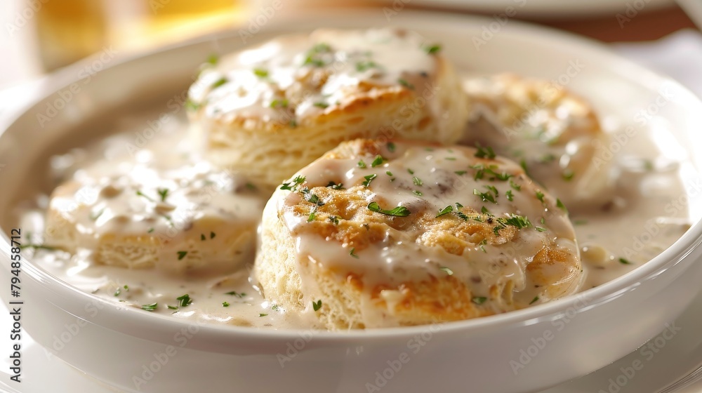 Artistic food portrait of biscuits and gravy, a Southern comfort favorite, with a focus on texture and creaminess, isolated background