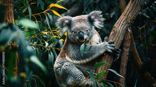 Koala Bear Sit On The Branch of the tree and eat leaves Wallpaper