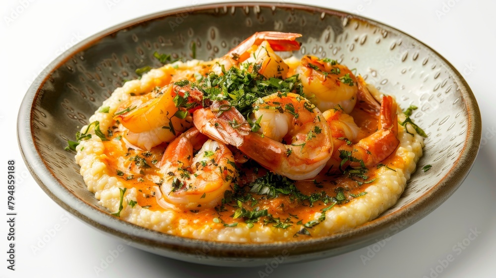 Appetizing top view image of creamy grits and sauteed shrimp, enhanced with a flavorful sauce, perfect for food advertising, isolated setting Appetizing top view image of creamy grits and sauteed shrimp, enhanced with a flavorful sauce, perfect for food advertising, isolated setting