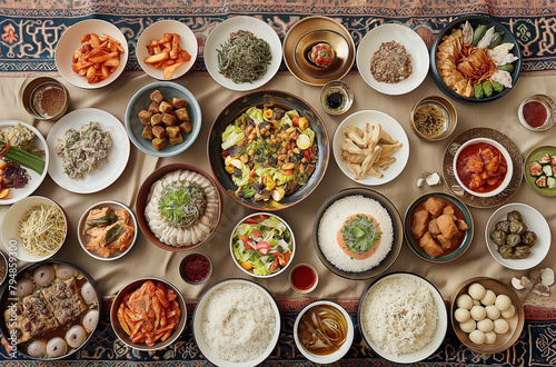 Assorted Korea food set dishes on a red cloth table. Asian food, top view, red background
