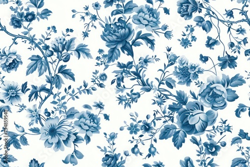 Vintage French Blue Floral A tranquil blue floral textile design, suitable for creating elegant  sophisticated home decoration, seamless pattern, background