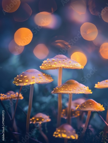 Illuminated mushrooms with a fairy-like atmosphere - A dreamlike cluster of glowing mushrooms in a twilight forest setting, portraying a fairy-tale like surreal beauty