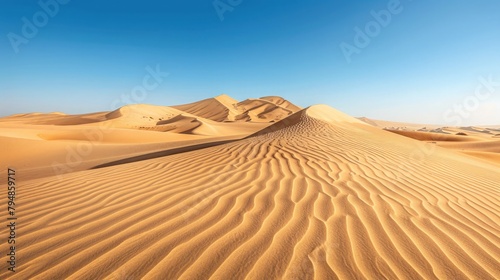 A rugged  desert landscape with towering sand dunes stretching to the horizon under a clear blue sky.