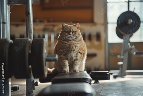 Cute cat sitting on a bench in a fitness center, looking at the camera