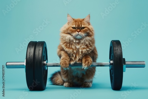 Cute ginger cat with dumbbells on a blue background. © mariof