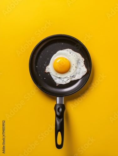 Sunny side up egg in skillet on yellow surface - A perfectly cooked sunny side up egg presented in a skillet with a vibrant yellow background for contrast