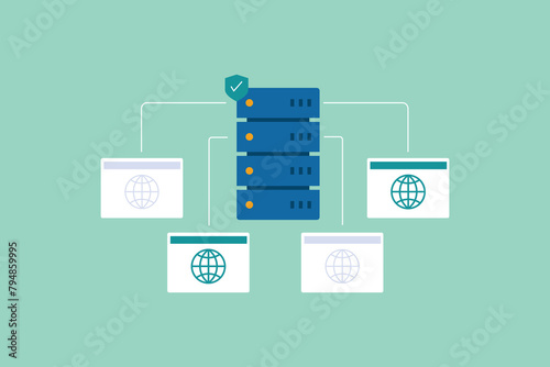 CDN - content delivery network, Server loading website content geographically, Shared hosting service. Vector illustration background.
