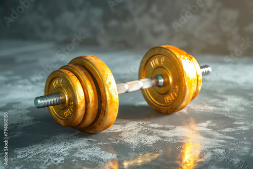 A golden dumbbell on empty concrete floor at gym. Concept of success. © graja