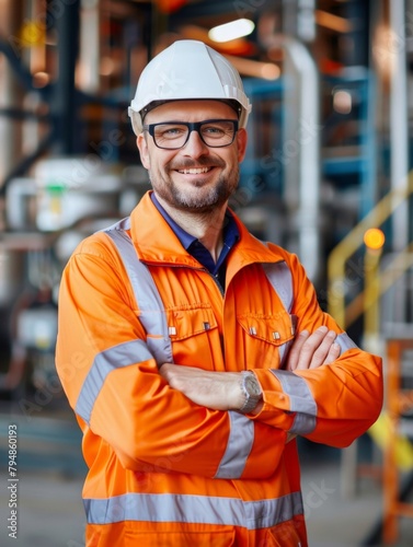 Smiling engineer with safety gear - A smiling engineer in safety gear stands confidently in an industrial environment, representing professionalism and competence © Mickey