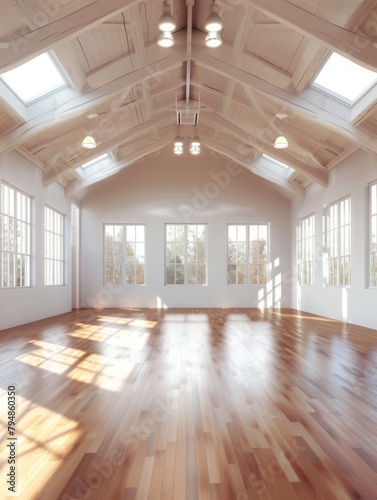 Sunny room with gleaming hardwood floors and beams - A sun-filled room detailed with gleaming hardwood floors  exposed beams  and an expansive feel enhanced by natural light
