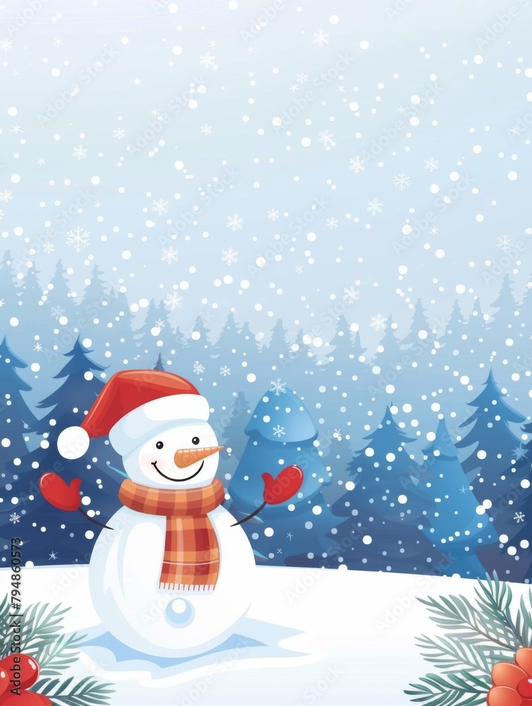 Cartoon snowman spreading winter joy - An adorable cartoon snowman with heart mittens spreads joy in a snowy forest landscape, capturing the essence of winter fun