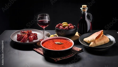 Fototapeta Naklejka Na Ścianę i Meble -  Still life of Spanish food on a black minimalist background