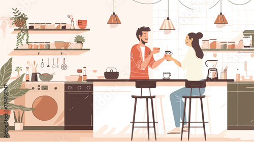 Young couple enjoys a cozy coffee break in the kitche photo