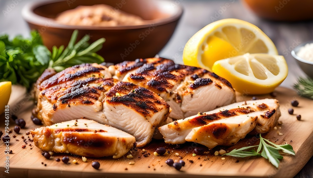 Grilled chicken breast with spice rub and lemon on a cutting board, sliced and whole
Grilled chicken breast with spice rub and lemon on a cutting board, sliced and whole