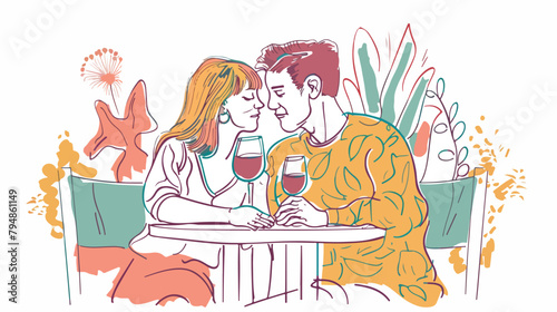 Young couple sits in a cafe and drinks wine. Romantic