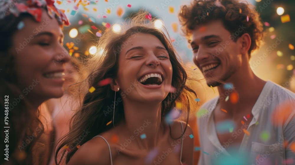 Obraz premium Carefree Celebration: Capturing the Radiant Smile of a Young Woman Enjoying Herself at a Vibrant Summer Party with Friends