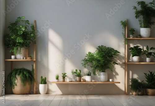 nordic style shelf plants stellage 3d green wall rendering mock wooden White pots
