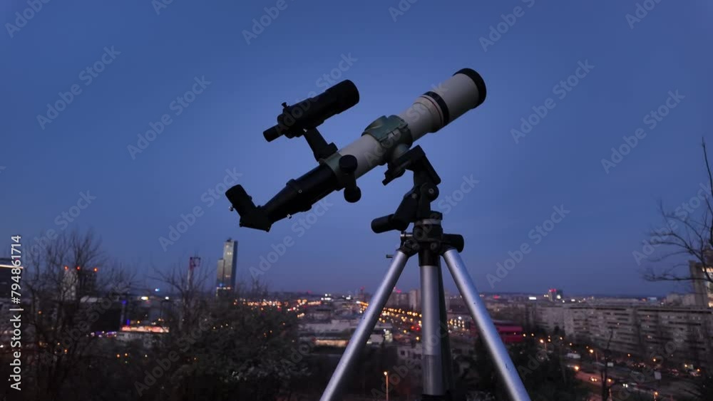 Astronomical telescope for observing stars, planets, Moon, celestial objects. Observing sky from urban light polluted area. Astronomical telescope for observing stars, planets, Moon, celestial objects. Observing sky from urban light polluted area.
