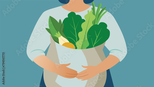 A closeup illustration of a person using a fabric produce bag to hold loose leafy greens instead of using plastic bags.