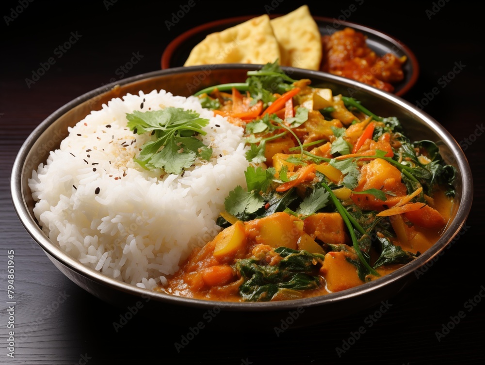 A Freshly Served Vegetable Curry and Rice Dish in a Restaurant