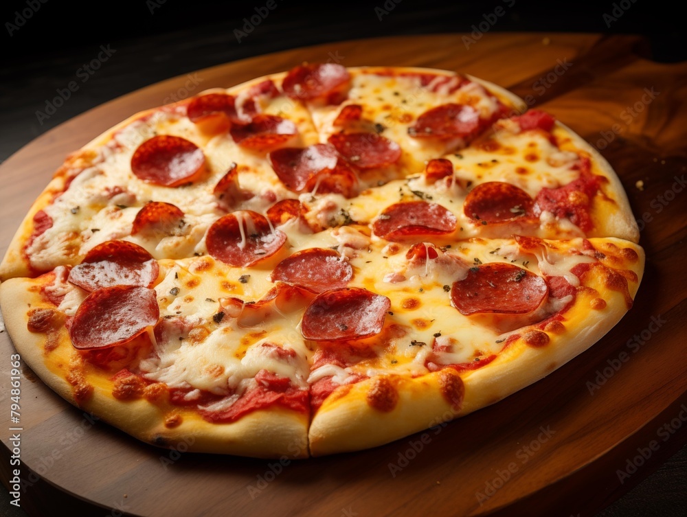 A freshly baked pepperoni pizza on a wooden board in a kitchen