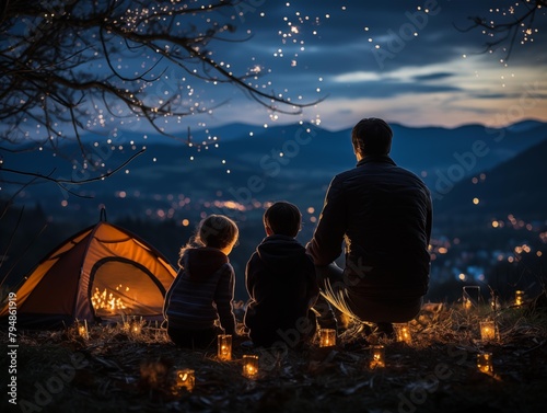A Father and Kids Enjoying Camping at Dusk in the Mountains