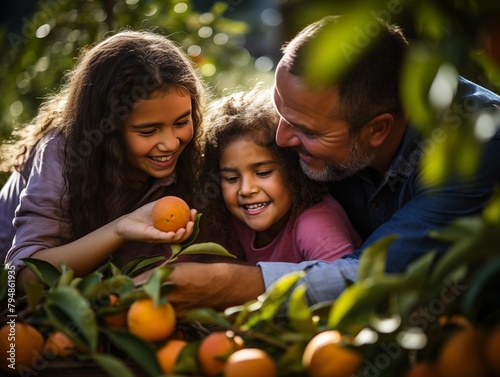 A Father and Daughters Picking Oranges in an Orchard at Sunset