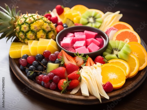 A Fresh Fruit Platter Served on a Wooden Table