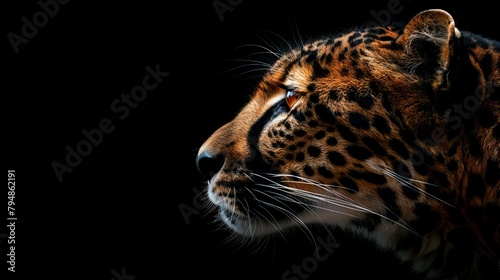   A tight shot of a Cheetah s expressive face against a black backdrop  illuminated by striking light