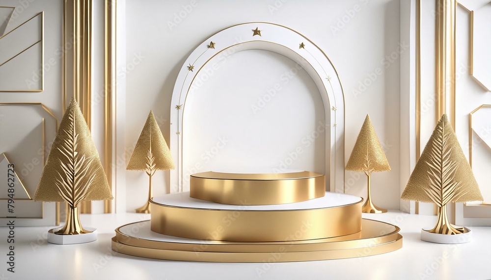 Golden Podium: Minimal Geometric White and Gold 3D Rendering