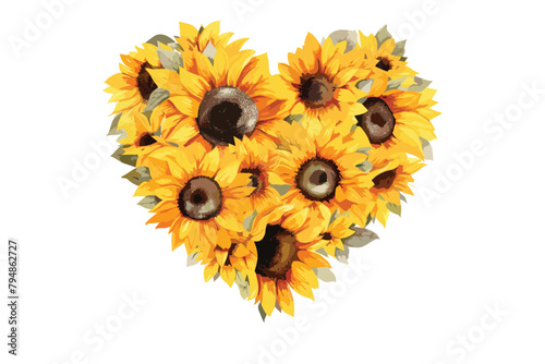 Watercolor creative bouquet of sunflowers  sunflowers isolated on white  Watercolor love shape sunflower illustration vector  