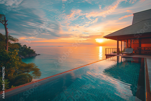 Luxury beach resort, bungalow near endless pool over sea sunset, evening on tropical island 