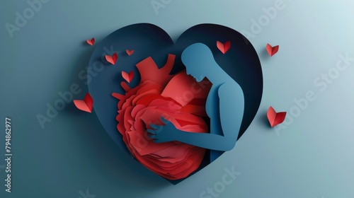 holding chest over heart attack symbol vector. Patient suffering from breast ache illustration. Cardiac problem, coronary disease. Paper cut origami craft art icon. Man,Women photo