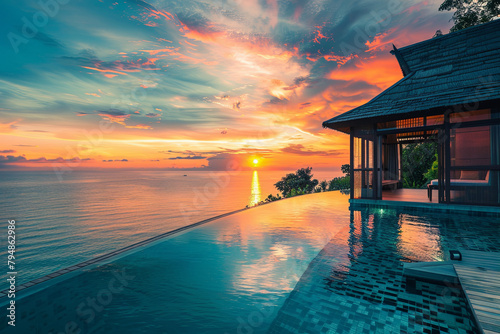 Luxury beach resort, bungalow near endless pool over sea sunset, evening on tropical island 