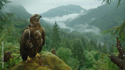   A bird of prey perches atop a moss-covered rock, nestled in a forest midway between towering mountains