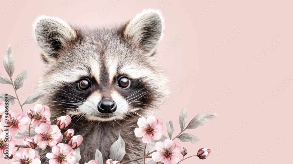 Obraz premium A raccoon facing flowers on a pink backdrop