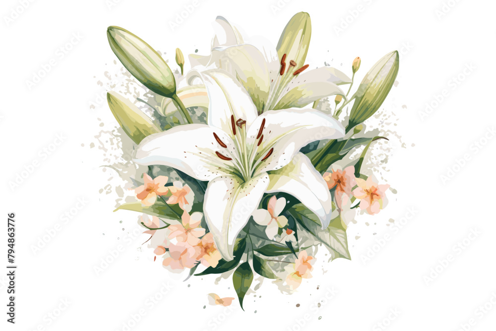 Watercolor of Lilies White and other colors Easter Lily Flower Crosses Decorations on White Background, Watercolor art,
Lilies,
Easter lilies,
Flower crosses,
Decorative art,
White background,