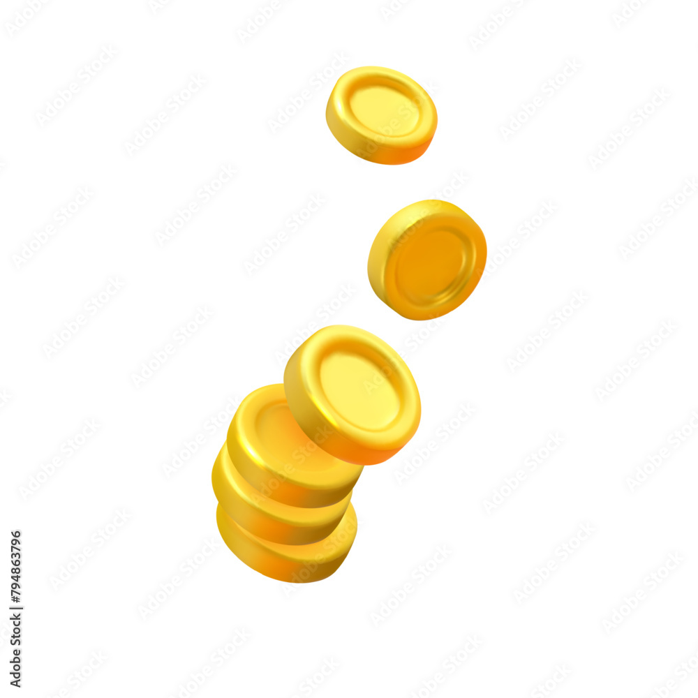 Vector flying stack of golden coins. Realistic gold money pile falling isolated on white background Vector flying stack of golden coins. Realistic gold money pile falling isolated on white background