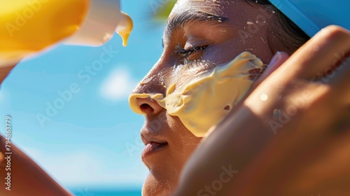 A person applying sunscreen to their skin, with a focus on the product being rubbed in.