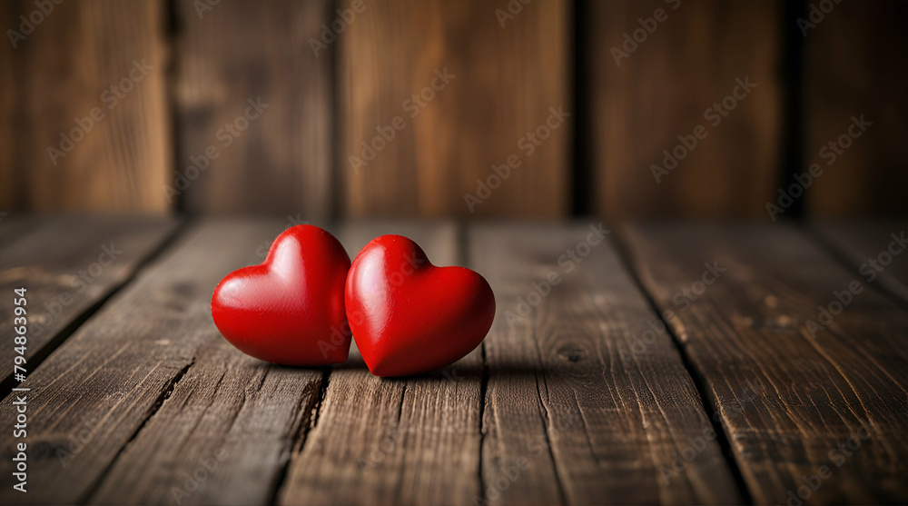 Fototapeta premium Valentines day background with two red hearts on wooden background, Generative.AI 